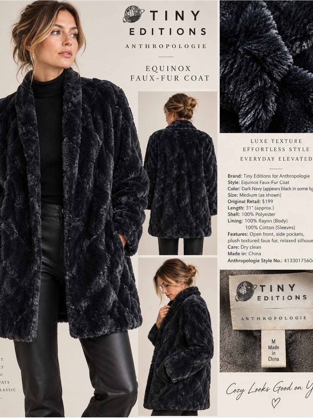 Anthropologie equinox faux fur jacket Tiny Editions Mothologie Med Navy Indigo